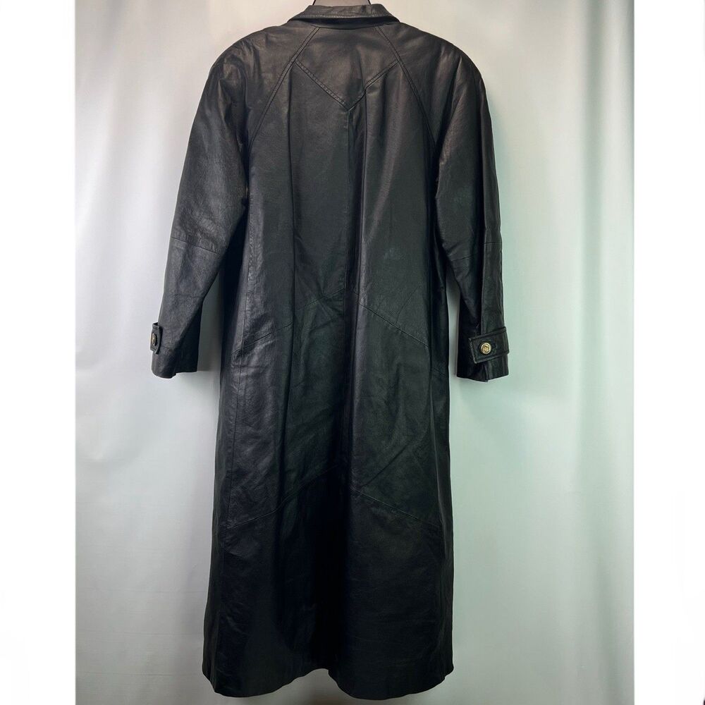 Winlit Black Leather Trench Coat Womens Size Small Long Jacket Vtg 80s Retro - Picture 8 of 10